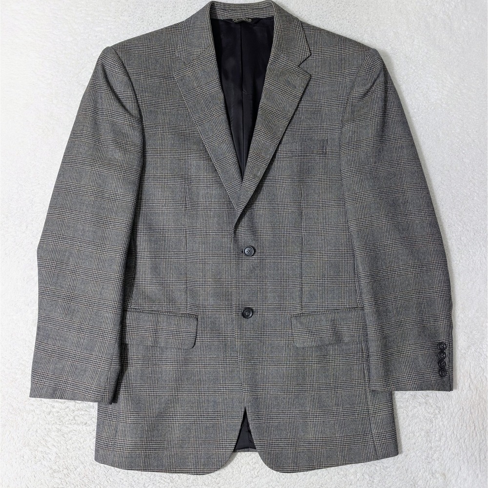 JoS A Bank Travelers Blazer Men 38R 100% Wool Houndstooth Plaid Gray Sports Coat